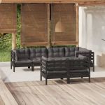 Set mobilier grădină cu perne, 7 piese, negru, lemn masiv pin GartenMobel Dekor