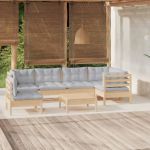 Set mobilier grădină cu perne gri, 7 piese, lemn masiv de pin GartenMobel Dekor