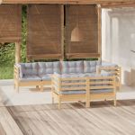 Set mobilier grădină cu perne gri, 7 piese, lemn masiv de pin GartenMobel Dekor