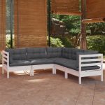Set mobilier de grădină cu perne, 5 piese, alb, lemn masiv pin GartenMobel Dekor