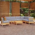 Set mobilier de grădină cu perne gri, 8 piese, lemn masiv pin GartenMobel Dekor