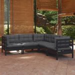 Set mobilier grădină cu perne, 5 piese, negru, lemn masiv pin GartenMobel Dekor