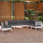 Set mobilier grădină cu perne, 7 piese, alb, lemn masiv de pin GartenMobel Dekor