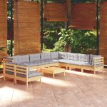 Set mobilier de grădină cu perne, 11 piese, gri, lemn masiv pin GartenMobel Dekor