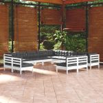 Set mobilier de grădină cu perne, 13 piese, alb, lemn masiv pin GartenMobel Dekor