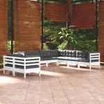 Set mobilier de grădină cu perne, 9 piese, alb, lemn masiv pin GartenMobel Dekor