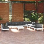 Set mobilier grădină cu perne, 12 piese, alb, lemn masiv pin GartenMobel Dekor