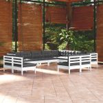 Set mobilier grădină cu perne, 12 piese, alb, lemn masiv pin GartenMobel Dekor