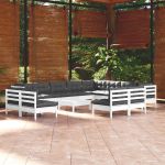 Set mobilier grădină cu perne, 13 piese, alb, lemn masiv pin GartenMobel Dekor