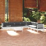 Set mobilier grădină cu perne, 9 piese, alb, lemn masiv pin GartenMobel Dekor