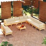 Set mobilier grădină cu perne crem, 12 piese, lemn masiv de pin GartenMobel Dekor
