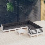 Set mobilier grădină cu perne, 10 piese, alb, lemn de pin GartenMobel Dekor
