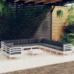 Set mobilier grădină cu perne, 12 piese, alb, lemn masiv pin GartenMobel Dekor