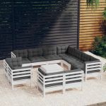 Set mobilier grădină cu perne, 12 piese, alb, lemn masiv pin GartenMobel Dekor