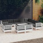 Set mobilier grădină cu perne, 12 piese, alb, lemn masiv pin GartenMobel Dekor
