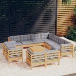 Set mobilier grădină cu perne, 12 piese, gri, lemn masiv pin GartenMobel Dekor
