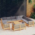 Set mobilier grădină cu perne, 13 piese, gri, lemn masiv pin GartenMobel Dekor