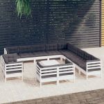 Set mobilier grădină cu perne, 14 piese, alb, lemn masiv pin GartenMobel Dekor