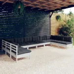 Set mobilier de grădină cu perne, 10 piese, alb lemn masiv pin GartenMobel Dekor