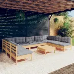 Set mobilier de grădină cu perne, 10 piese, gri, lemn masiv pin GartenMobel Dekor