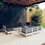Set mobilier de grădină cu perne, 11 piese, alb lemn masiv pin GartenMobel Dekor