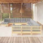 Set mobilier grădină cu perne, 13 piese, gri, lemn de pin GartenMobel Dekor