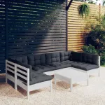 Set mobilier grădină cu perne, 7 piese, alb, lemn masiv de pin GartenMobel Dekor