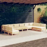 Set mobilier grădină cu perne crem, 10 piese, lemn masiv de pin GartenMobel Dekor