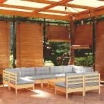 Set mobilier de grădină cu perne, 10 piese, gri, lemn masiv pin GartenMobel Dekor
