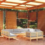 Set mobilier de grădină cu perne, 12 piese, gri, lemn masiv pin GartenMobel Dekor