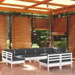 Set mobilier grădină cu perne, 10 piese, alb, lemn masiv pin GartenMobel Dekor