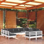 Set mobilier grădină cu perne, 11 piese, alb, lemn masiv de pin GartenMobel Dekor