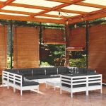 Set mobilier grădină cu perne, 12 piese, alb, lemn masiv pin GartenMobel Dekor