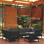 Set mobilier grădină cu perne, 7 piese, negru, lemn de pin GartenMobel Dekor