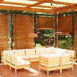 Set mobilier grădină cu perne crem, 11 piese, lemn masiv de pin GartenMobel Dekor