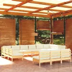 Set mobilier grădină cu perne crem, 13 piese, lemn masiv de pin GartenMobel Dekor