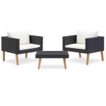 Set mobilier de grădină cu perne, 3 piese, negru, poliratan GartenMobel Dekor