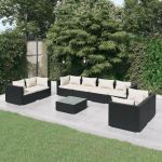 Set mobilier de grădină cu perne, 9 piese, negru, poliratan GartenMobel Dekor