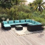 Set mobilier de grădină cu perne, 11 piese, negru, poliratan GartenMobel Dekor