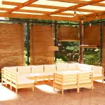 Set mobilier grădină cu perne crem, 12 piese, lemn masiv de pin GartenMobel Dekor