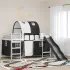 Pat loft pentru copii cu tobogan si perdele, metal, negru, 90x190 cm