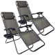 Set 2x Scaune tip Sezlong Pliabil Gravitatie Zero pentru Terasa, Gradina sau Plaja cu Tetiera si Suport Bauturi, Reglabil, Maro/Negru