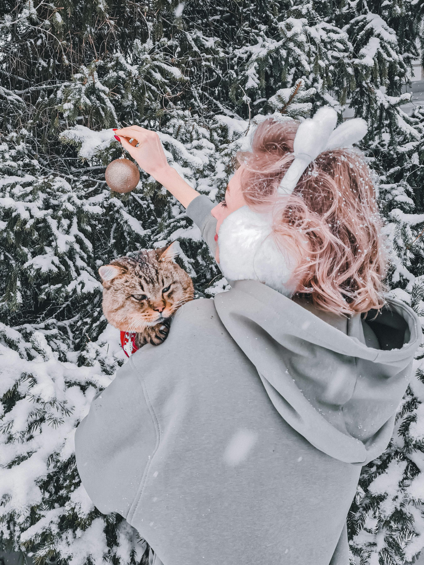 Femeie Care Agață Globuri în Bradul de Crăciun Exterior